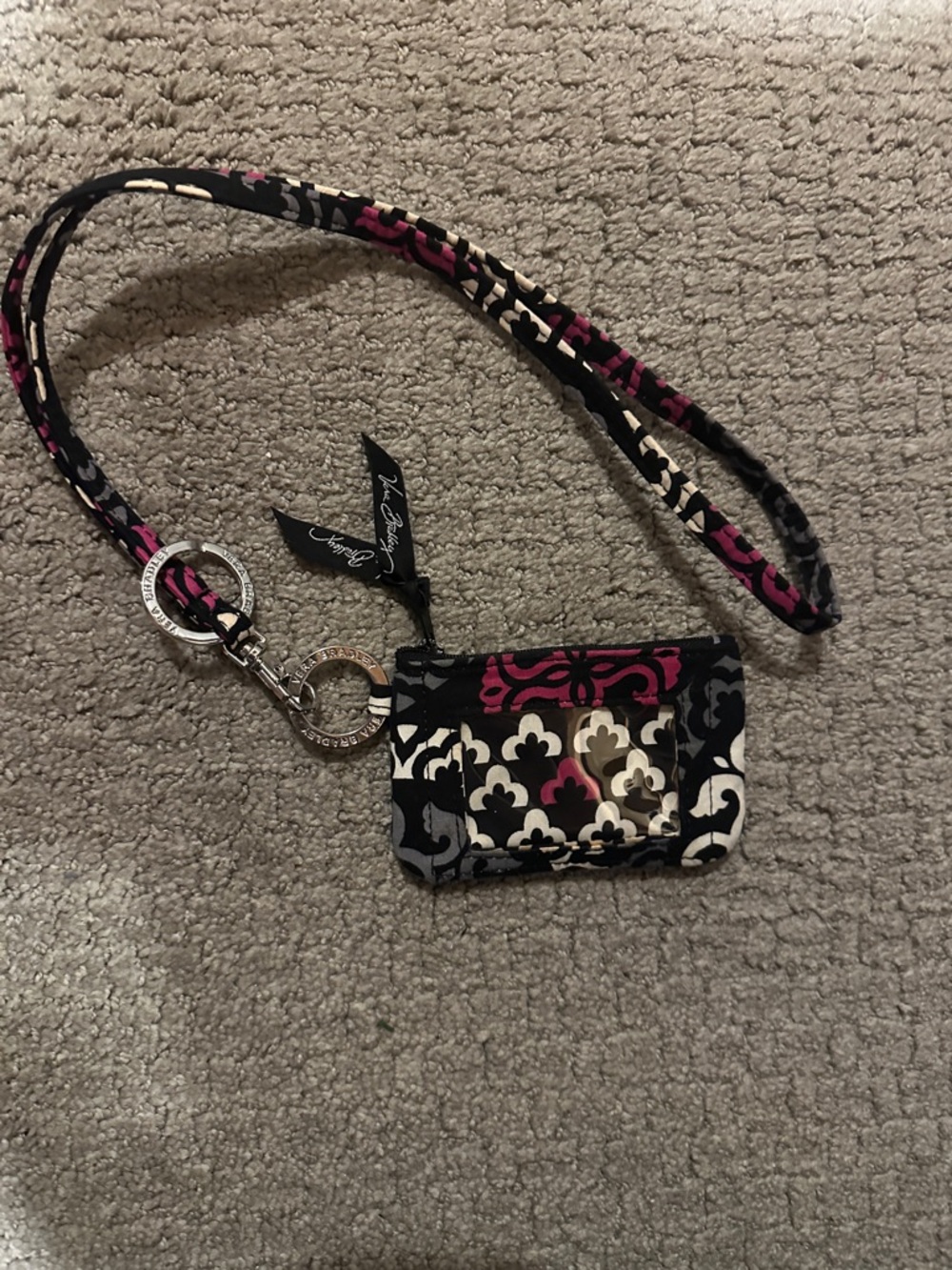 Vera Bradley Canterberry Magenta Black and  Pink  Floral ID Lanyard Card Holder